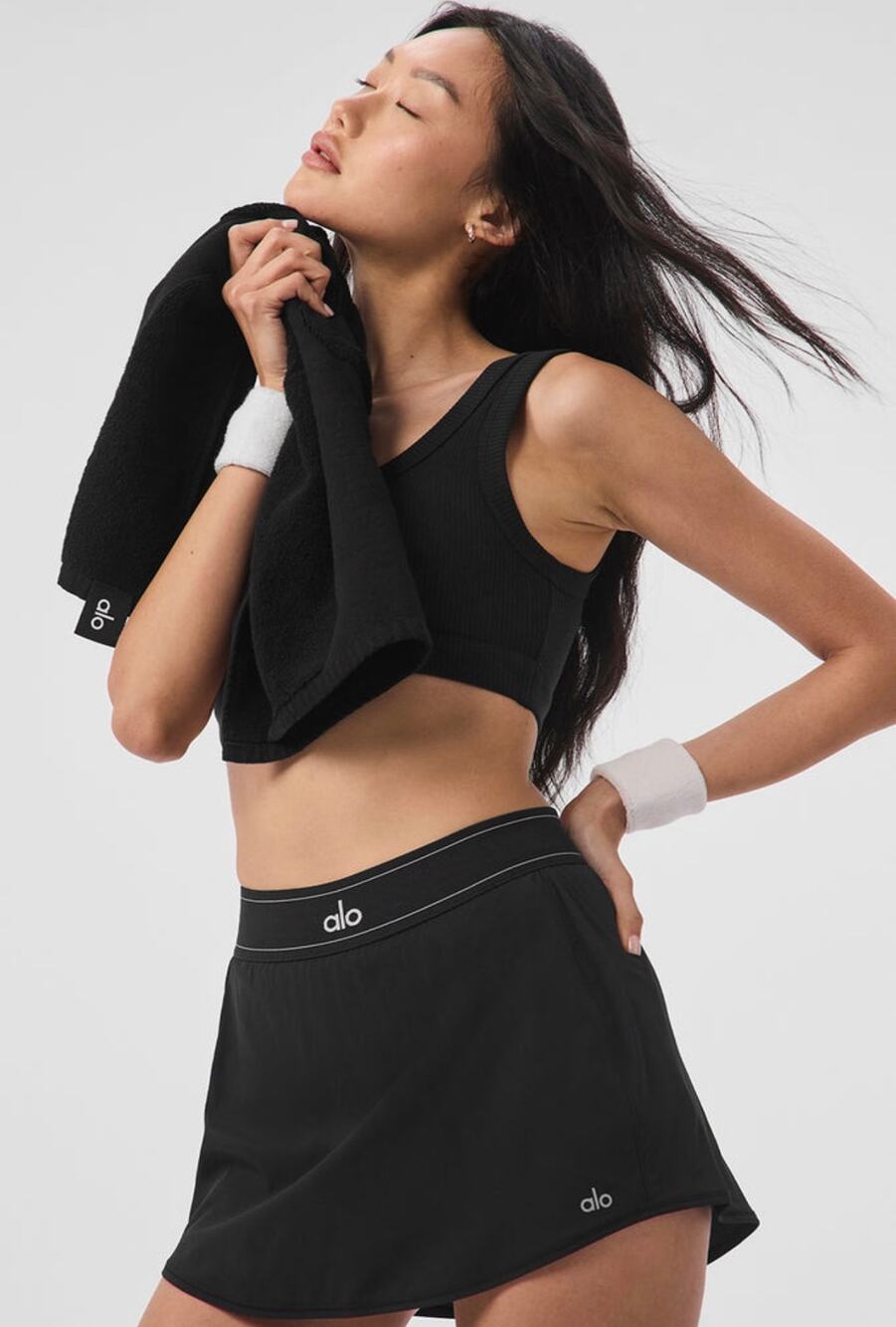 Alo Yoga Match Point Tennis Skirt Skort Black Logo Waistband Athletic Large